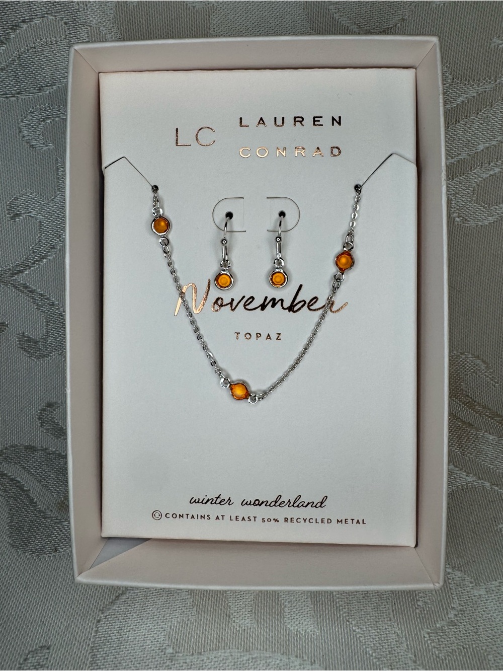New LC Lauren Conrad November Silver Necklace & Earring Set with Topaz Stones